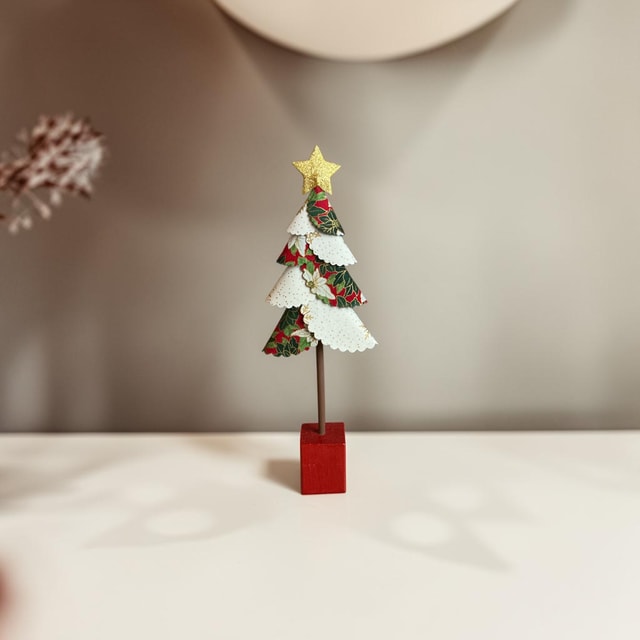 Handmade Fabric Christmas Tree Decoration — Alternating Red, Cream & Green Fabric on Red Block
