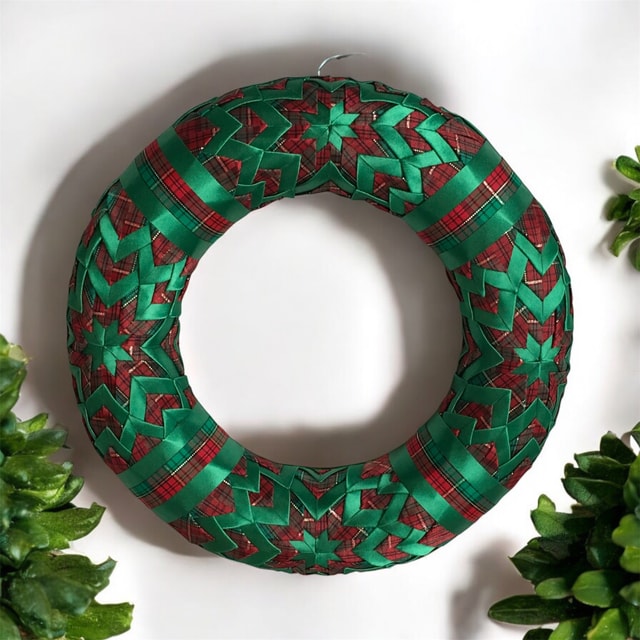 Handmade Ribbon Christmas Wreath — 25cm Emerald Green Satin & Tartan Indoor Decoration