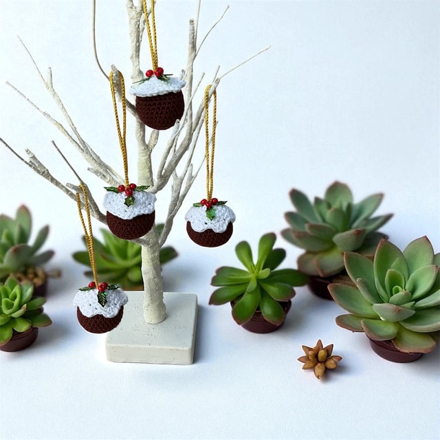 Handmade Crochet Christmas Pudding Tree Decoration — Cotton Yarn Festive Ornament