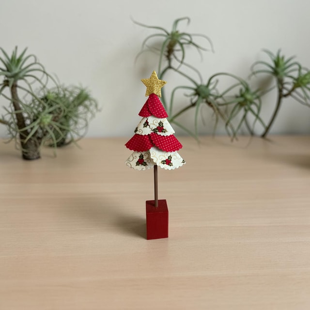 Handmade Fabric Christmas Tree Decoration — Red Spotted & Cream Holly on Red Block