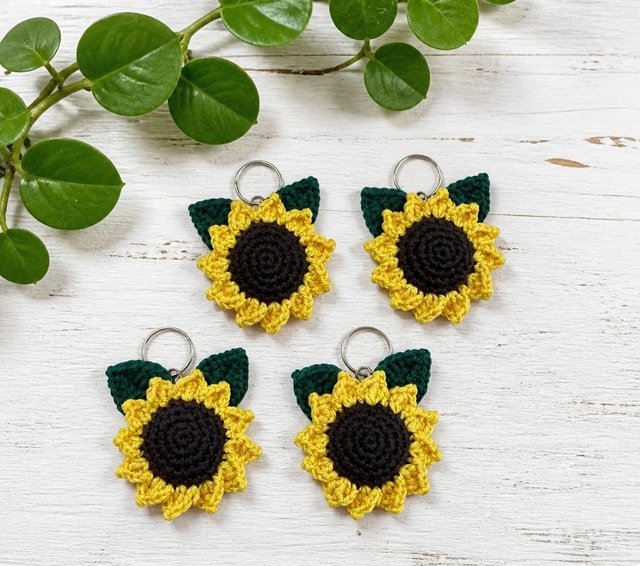 Handmade Crochet Sunflower Keyring — Bright Cotton Flower Bag Charm
