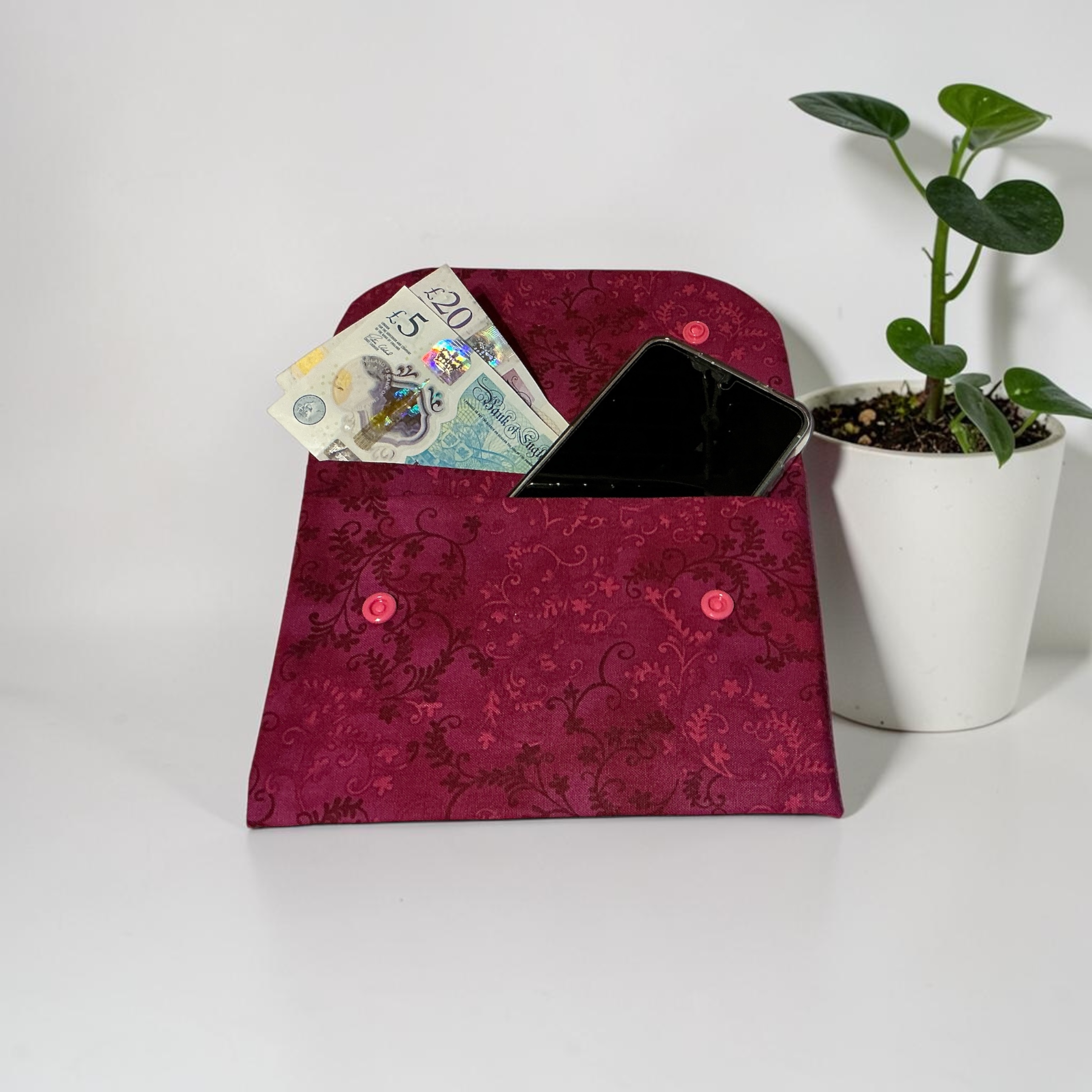 Handmade Mobile Phone & Money Pouch — Burgundy Floral Fabric