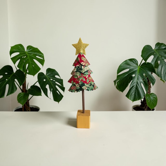 Handmade Fabric Christmas Tree Decoration — Holly & Berry Print on Gold Block (Large)