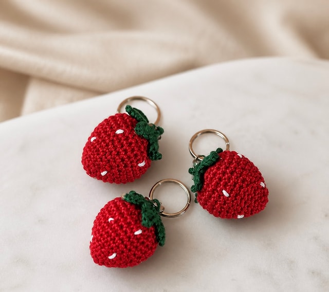 Handmade Crochet Strawberry Keyring — Cute Cotton Fruit Bag Charm