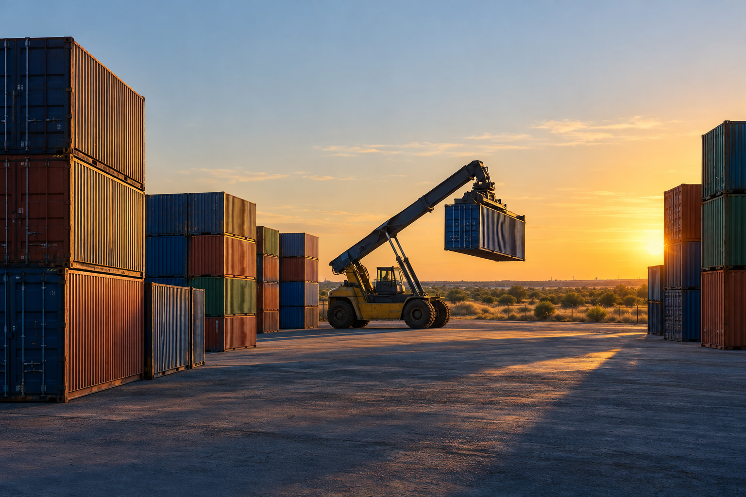 Containers stacked in a South Texas yard at golden hour