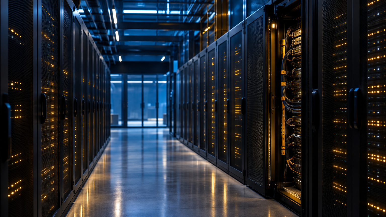 Racks of enterprise servers lit by amber status lights