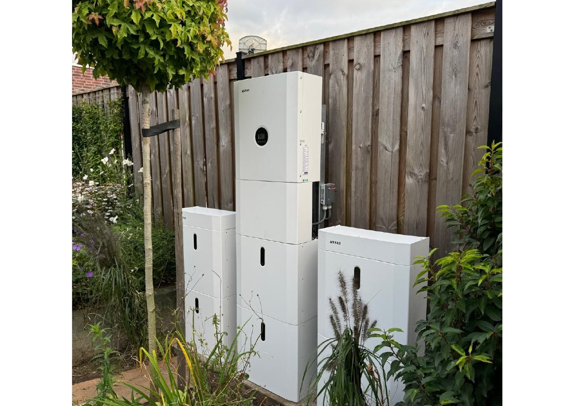 Thuisbatterijtowers buiten in een tuin bij een houten schutting
