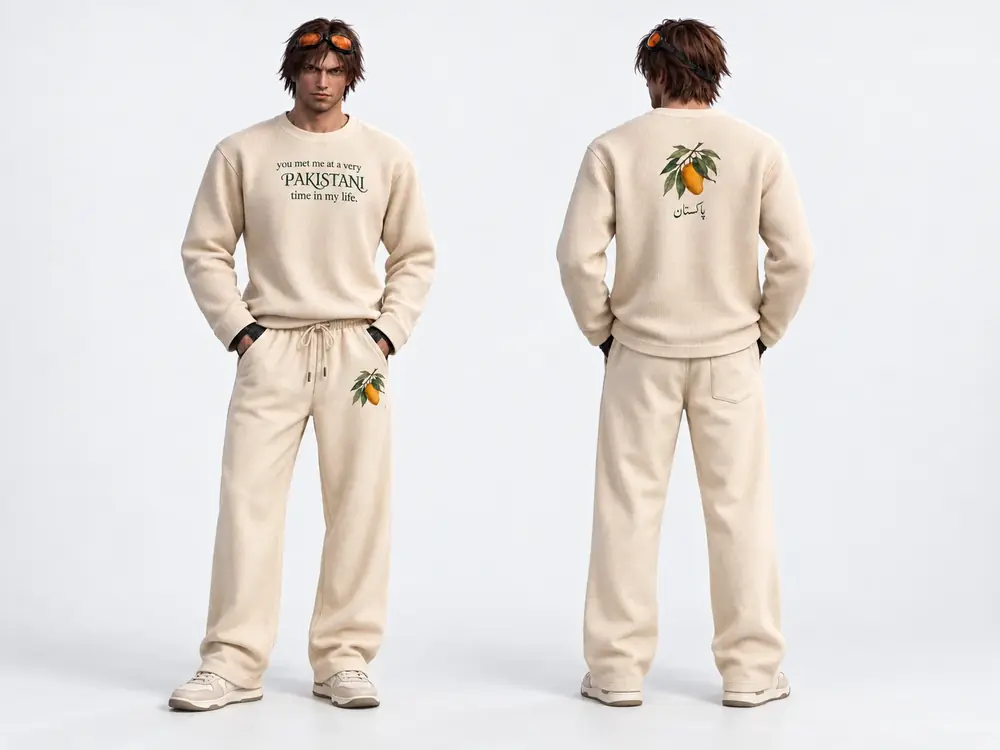 Kamran from the Sukoon Kapre ad wearing the set, shown from the front and back