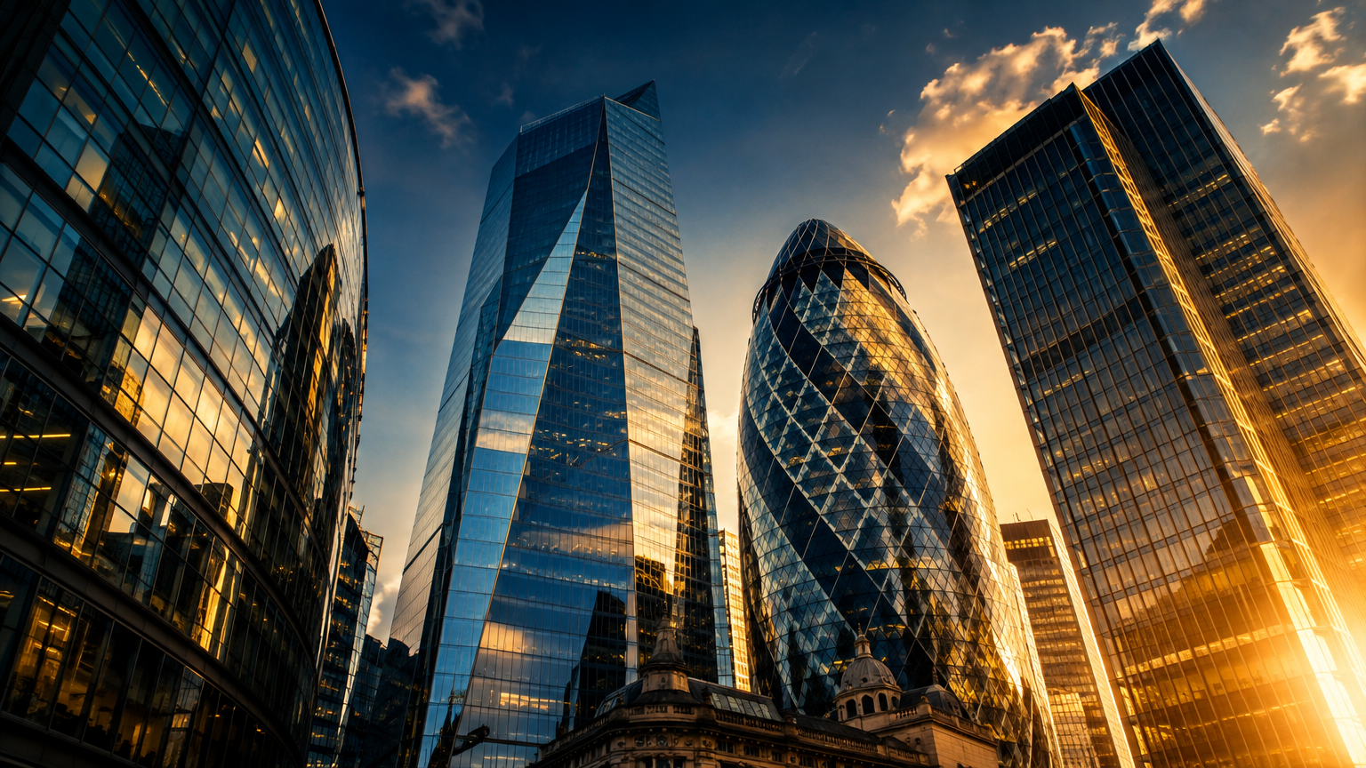 Glass office towers of the City of London financial district at golden hour