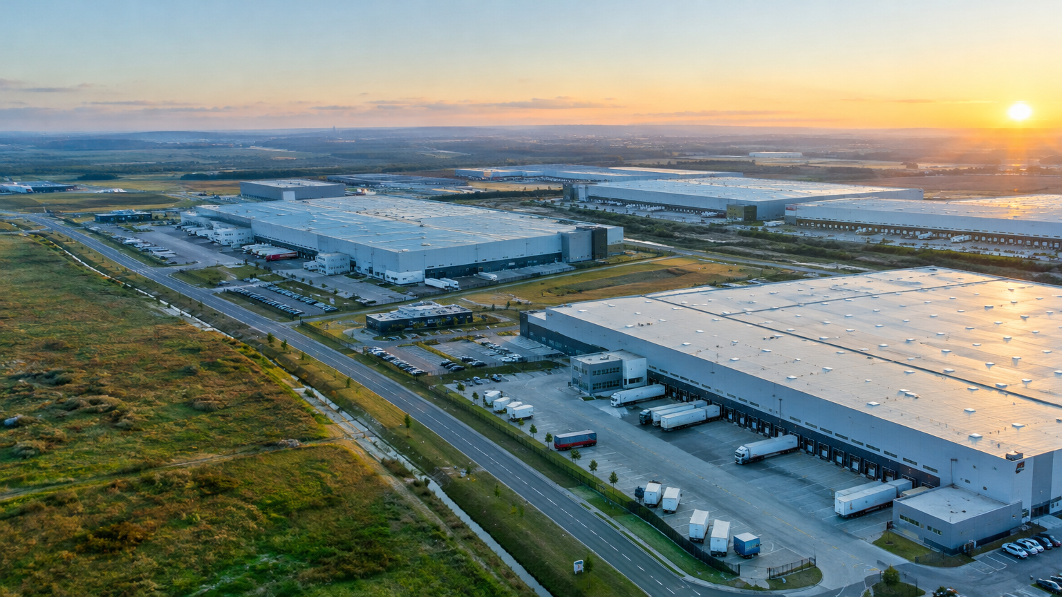 Aerial view of a modern industrial and logistics park at sunrise