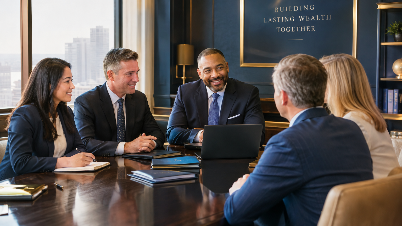 Advisors meeting a family around a boardroom table