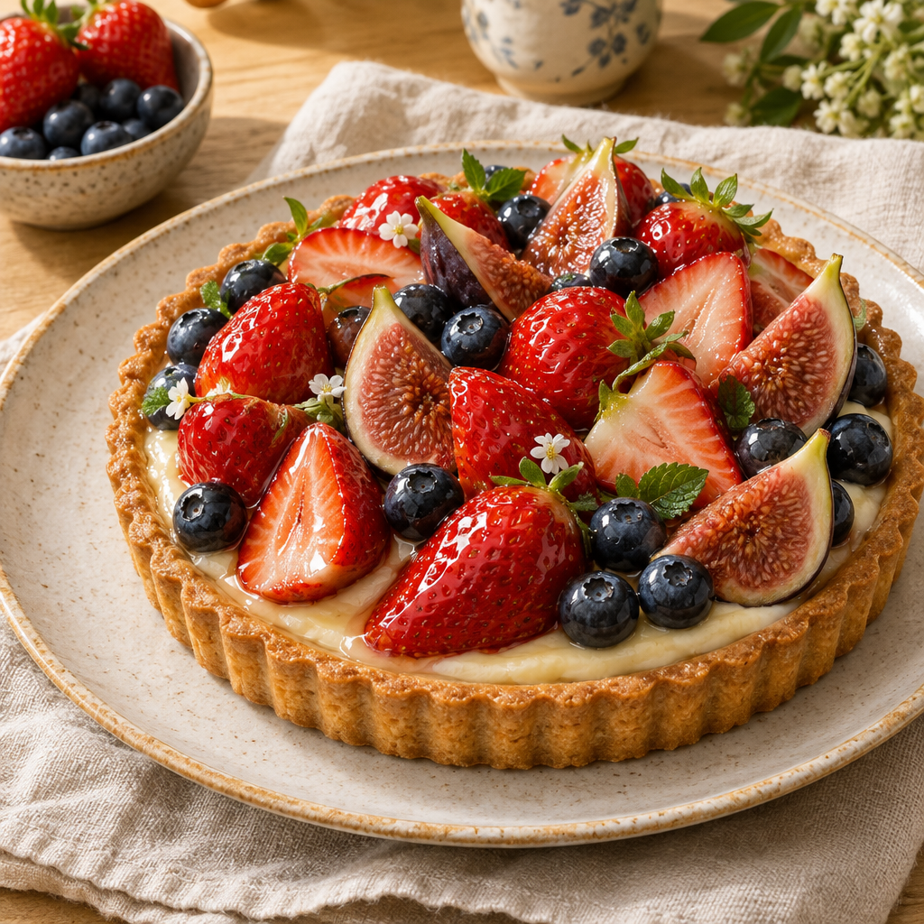 A fruit tart topped with glazed strawberries, blueberries and figs