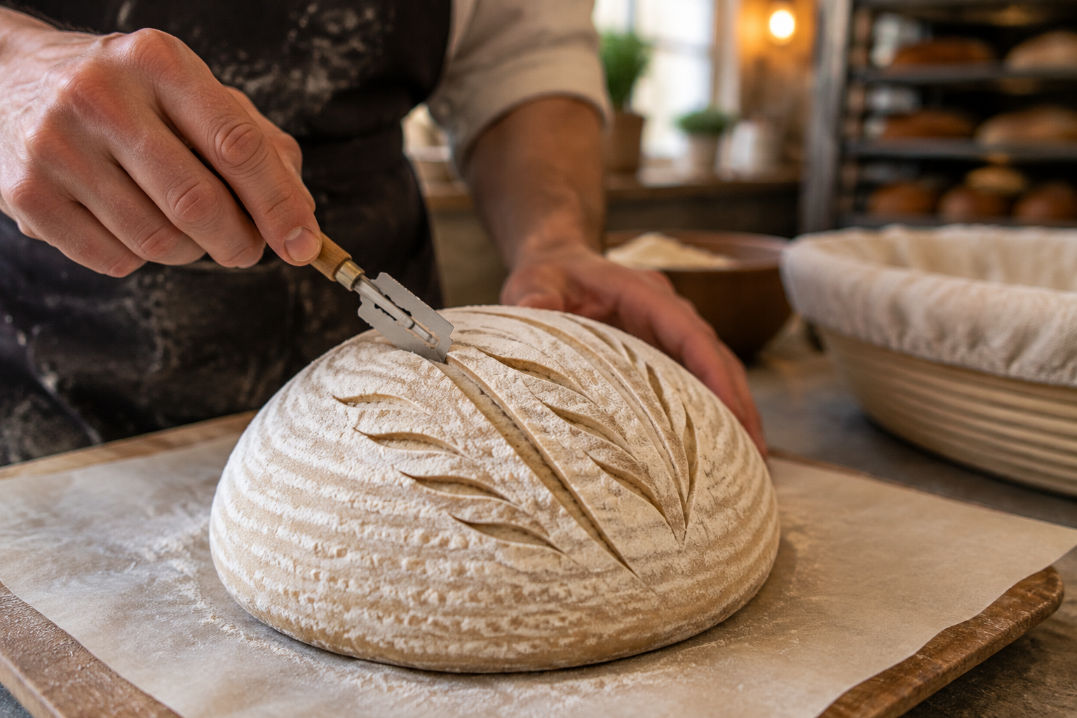 A baker's hands scoring a sourdough loaf with a blade