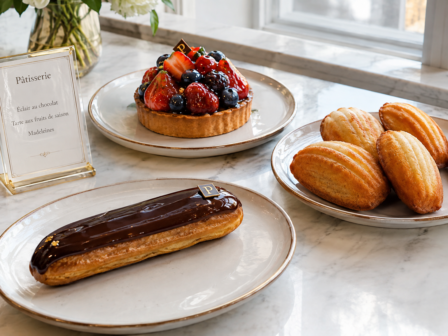 A chocolate eclair, a glazed fruit tart and golden madeleines on a marble counter