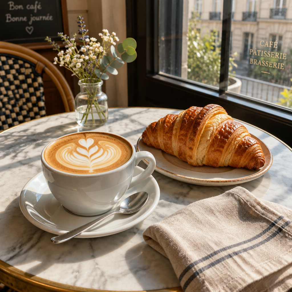 A coffee and a croissant on a small marble café table by the window