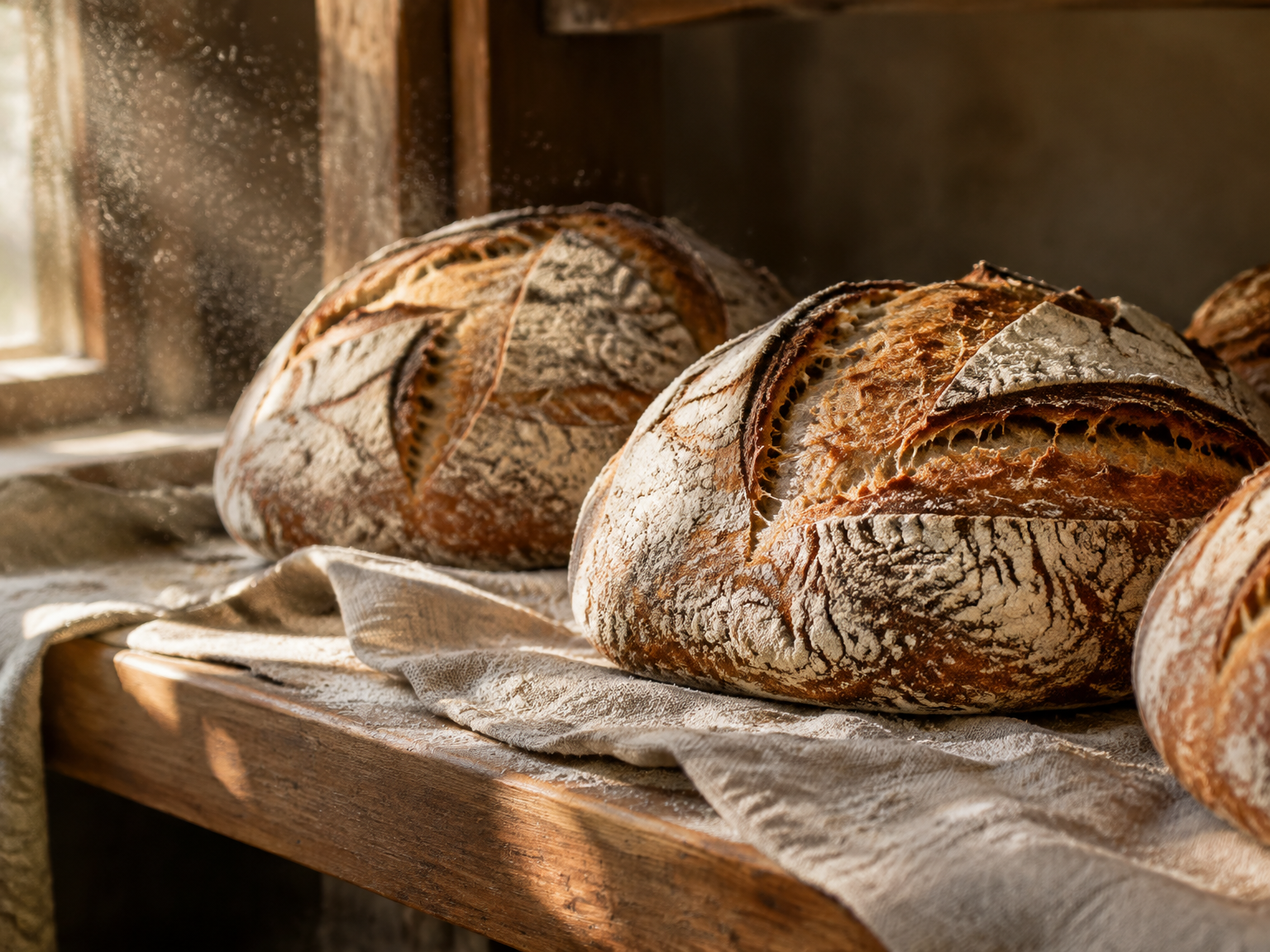 Flour-dusted artisan sourdough loaves resting on a linen cloth