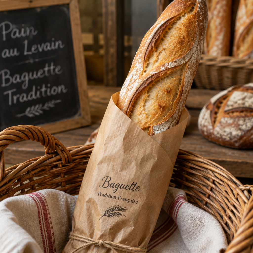 A crisp baguette wrapped in kraft paper tied with twine