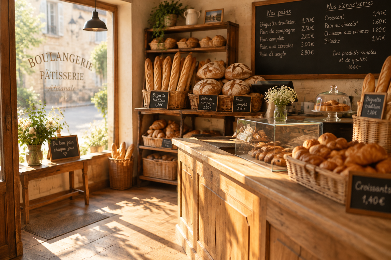 A warm, sunlit bakery interior with a wooden counter and baskets of bread