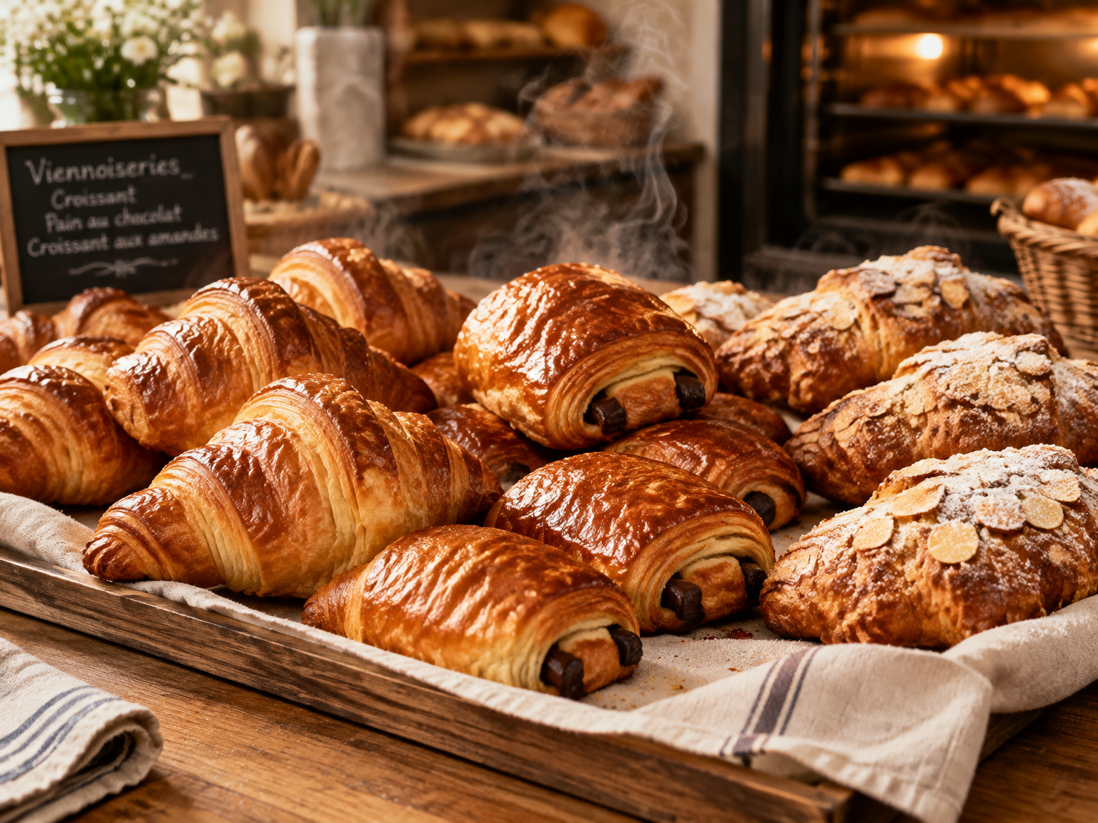 Fresh croissants, pain au chocolat and almond croissants on a linen-lined wooden tray