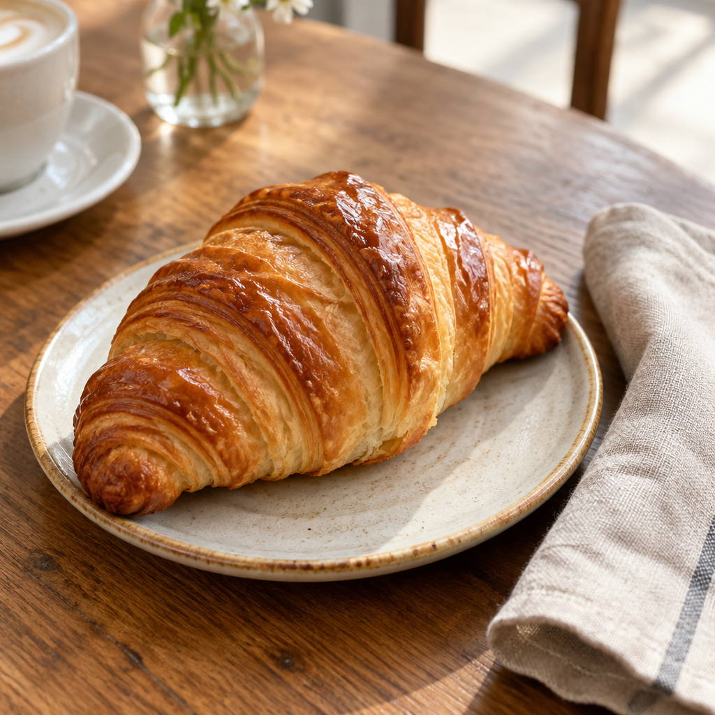 A single golden croissant on a small ceramic plate