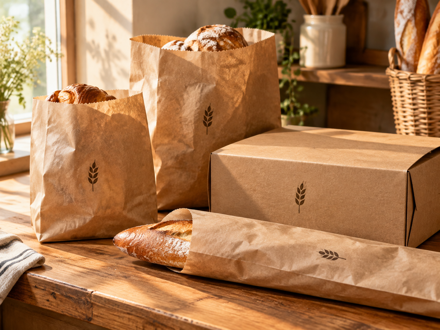 Kraft paper bags stamped with a small wheat emblem, with fresh bread inside