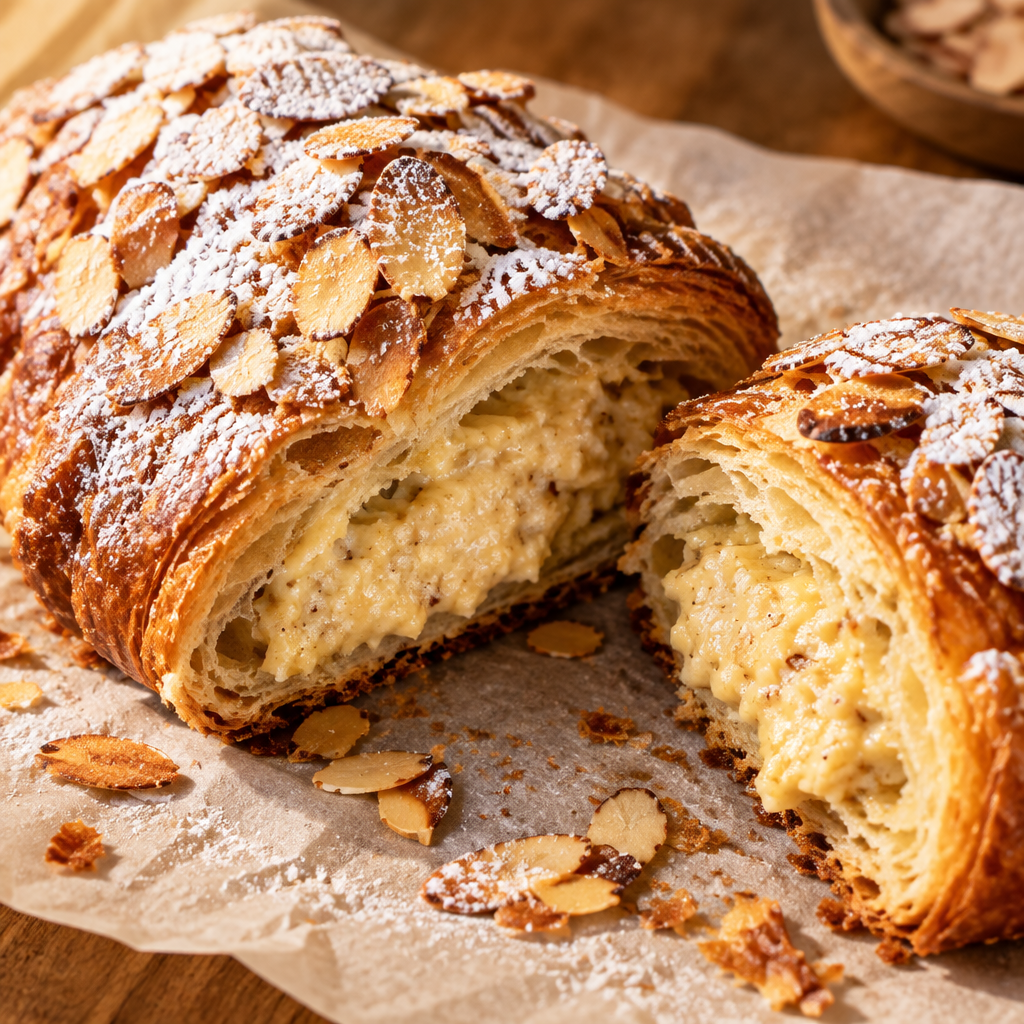 An almond croissant dusted with icing sugar and toasted almond flakes