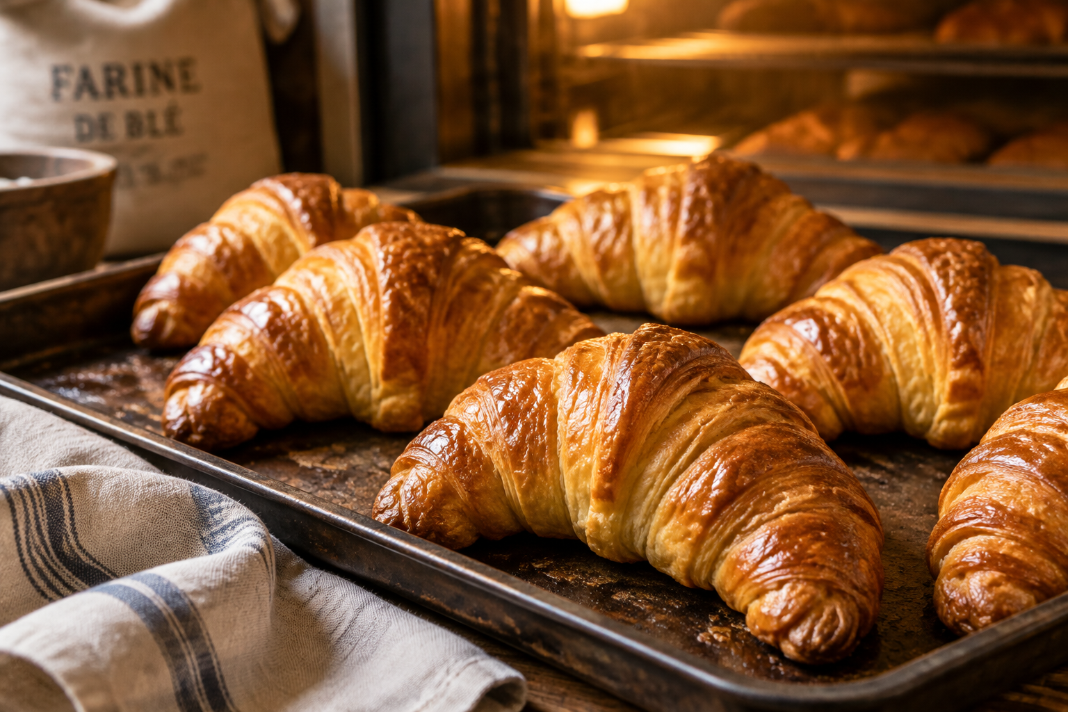 Freshly baked golden croissants on a dark baking tray