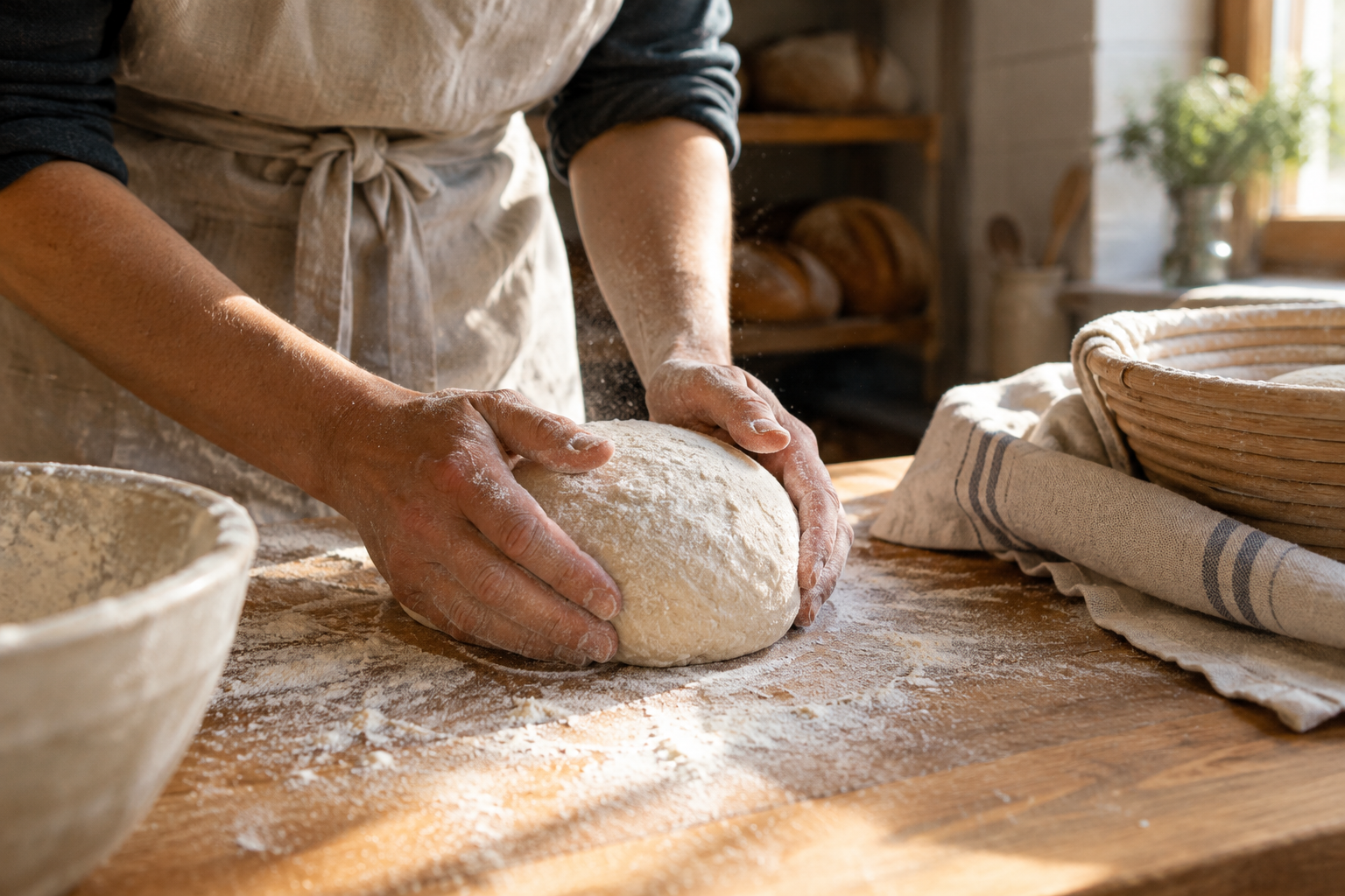 A baker's hands gently shaping a round of bread dough on a floured wooden worktop