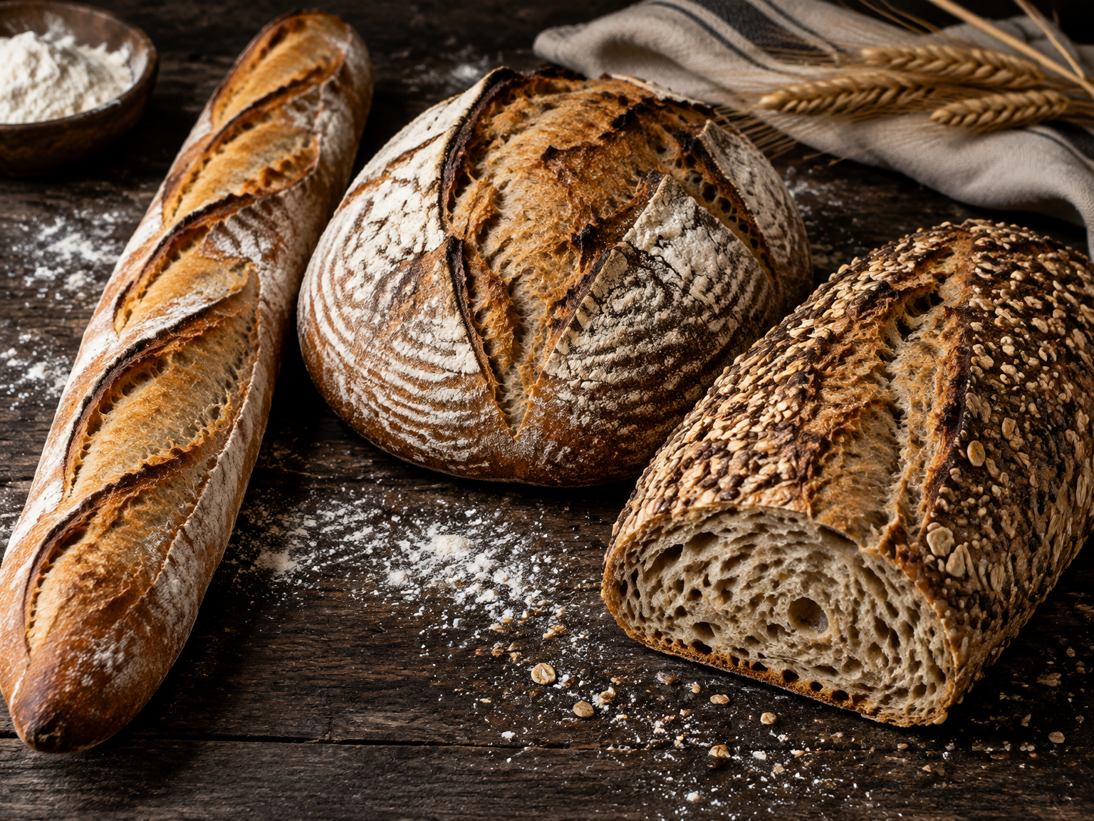 A baguette, a country sourdough and a seeded loaf with crackling crusts on dark wood