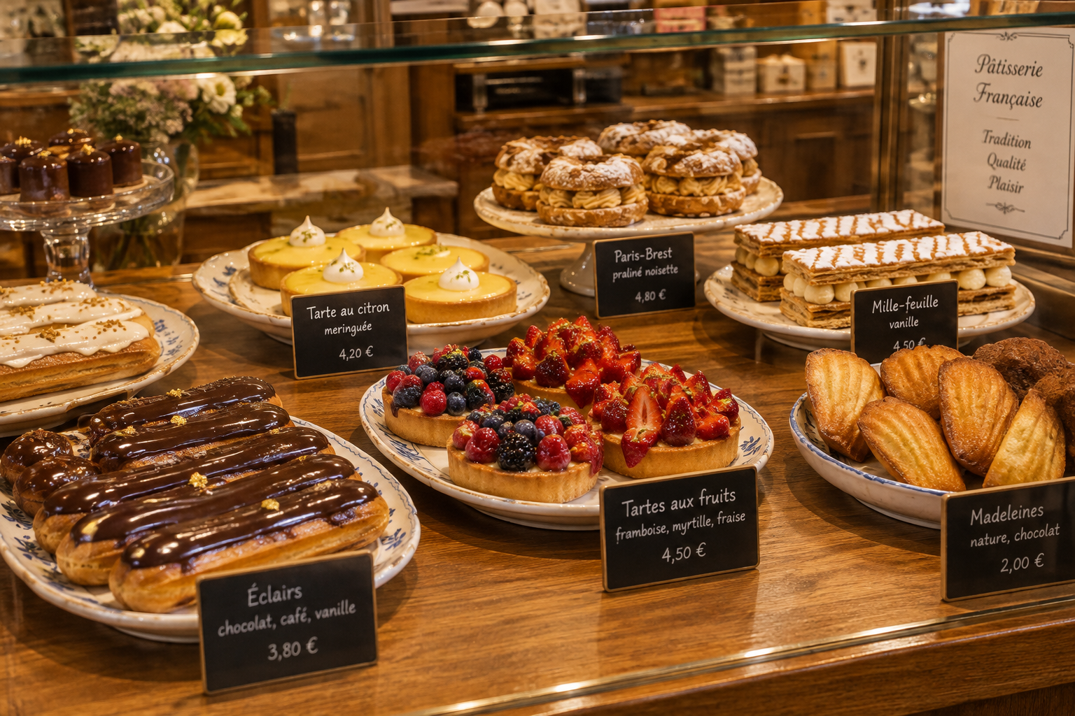 French pastries displayed on the bakery counter