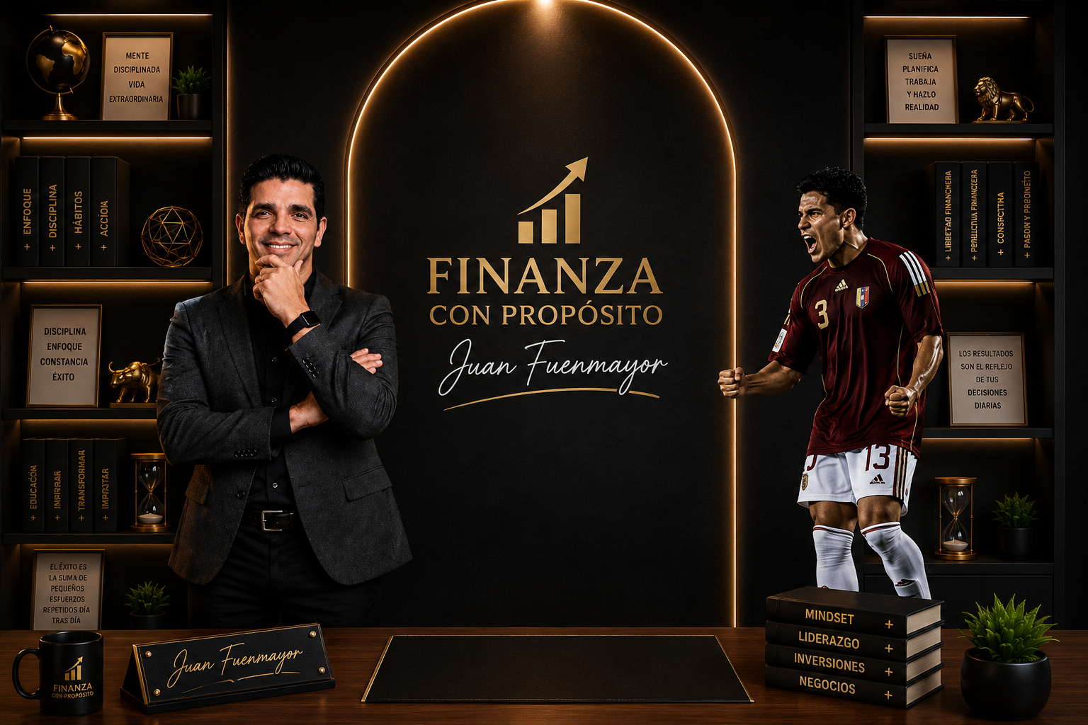 Juan Fuenmayor en su estudio Finanza con Propósito, junto a su camiseta de la Selección de Venezuela