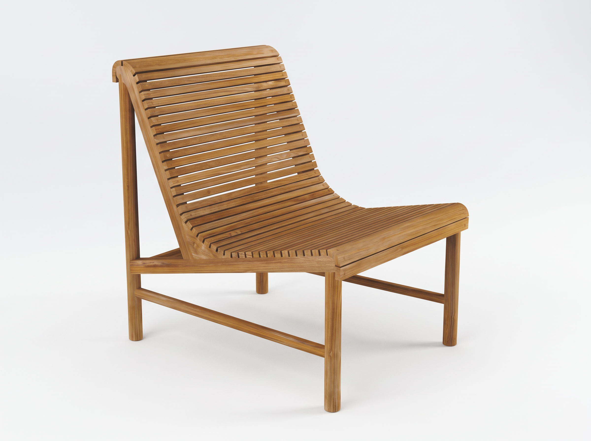 Teak lounge chair with horizontal slats shown against a neutral background