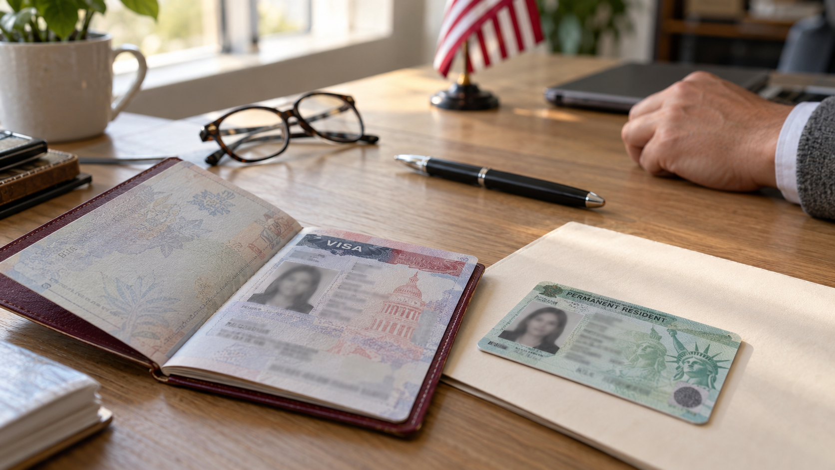 Passport with a visa page next to a green permanent resident card on a desk with a small American flag