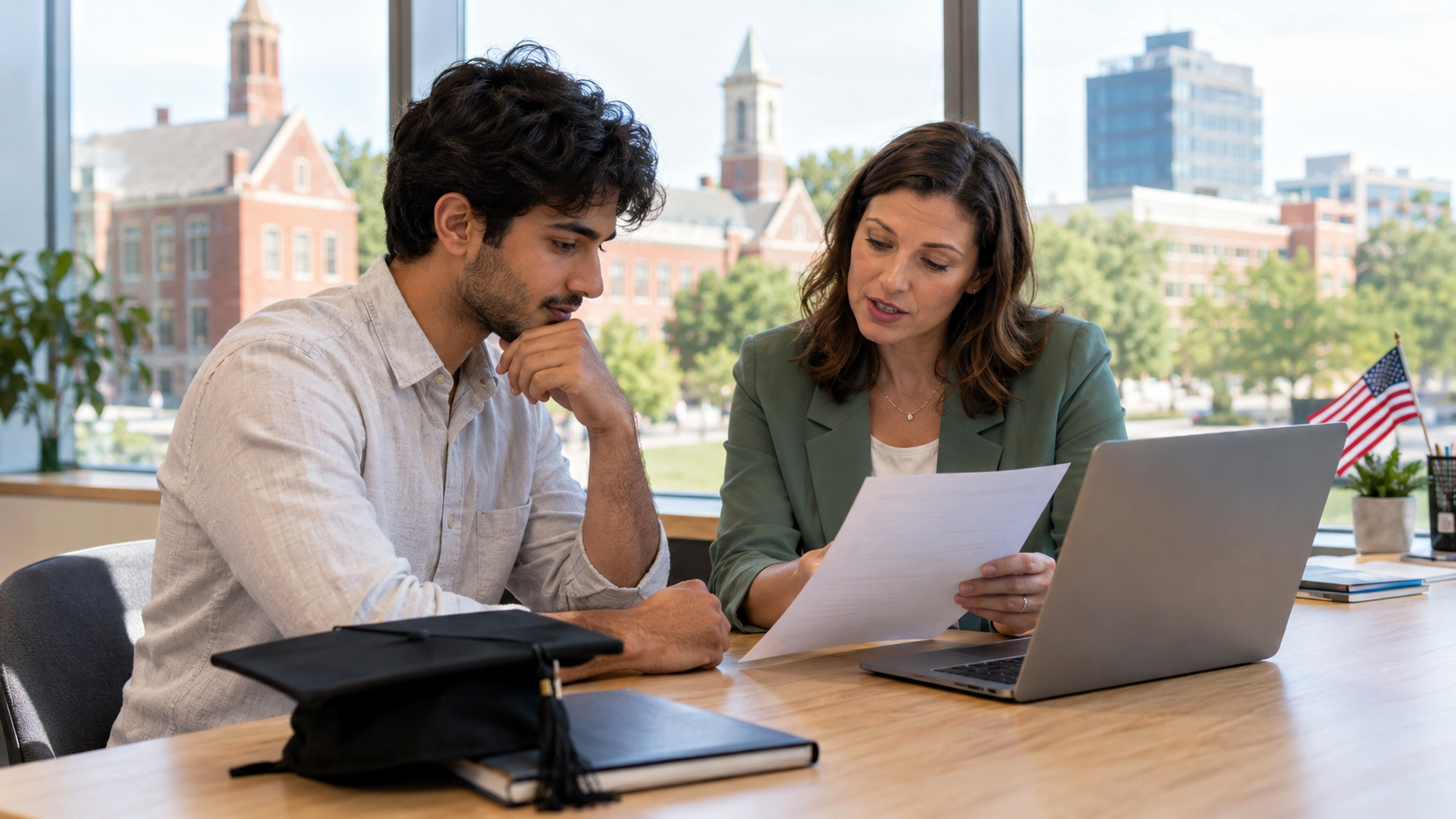 International student reviewing paperwork with an adviser beside a graduation cap, books and a small American flag