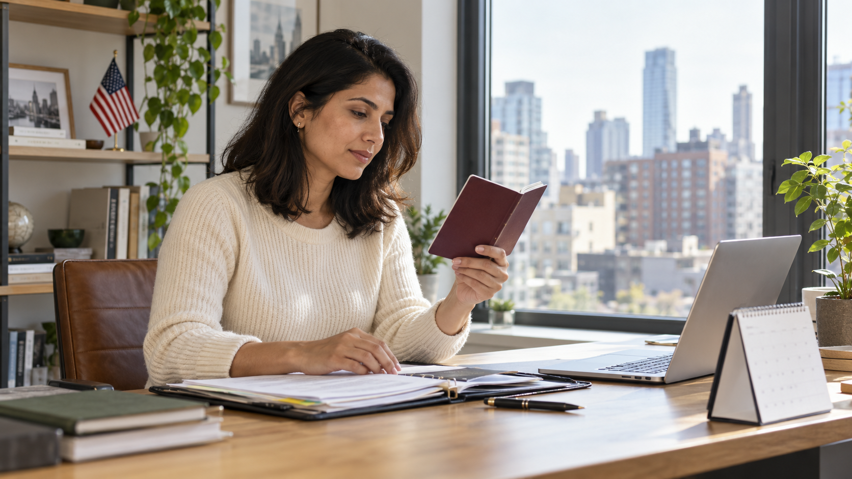 Professional reviewing visa documents at a desk with a U.S. flag, laptop and calendar, planning an H-1B timeline