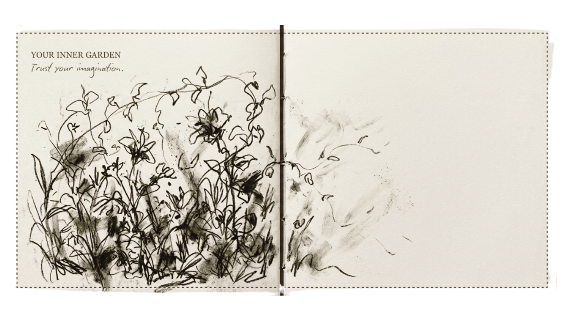 Open book with charcoal garden illustration