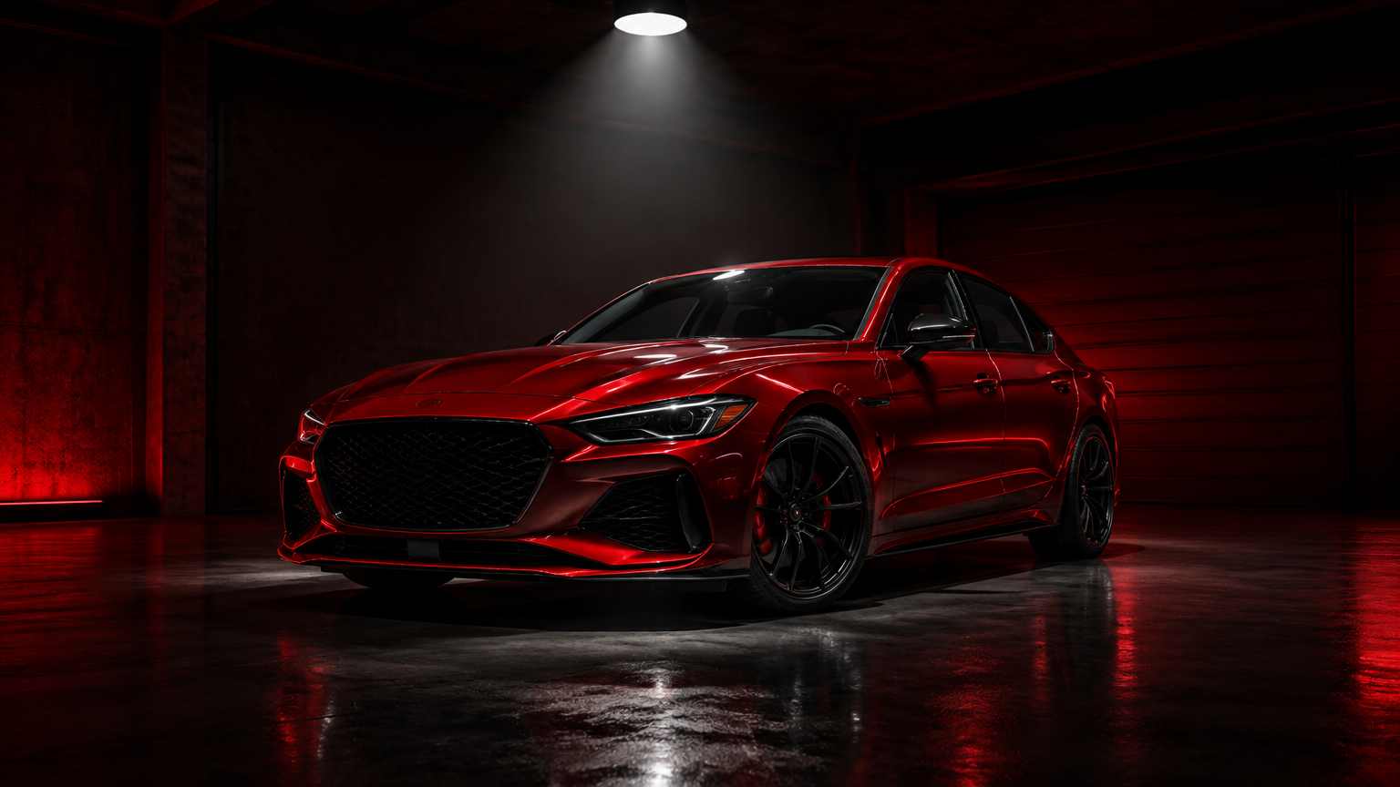 A freshly detailed car with glossy reflective paint under dramatic spotlight