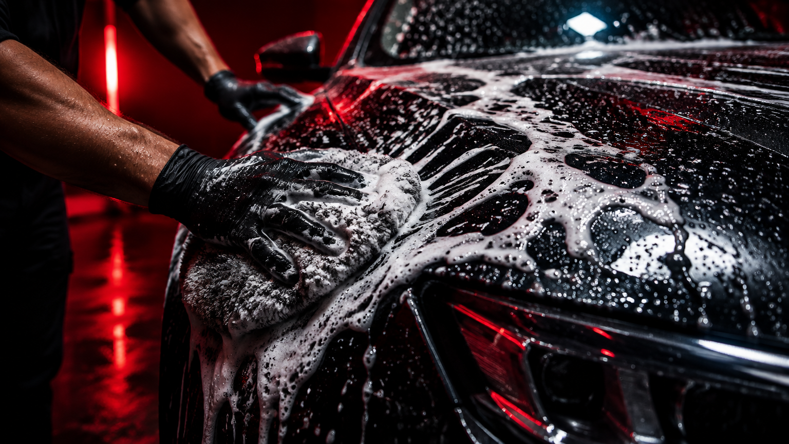 Foam wash suds covering the glossy exterior of a car during a detail