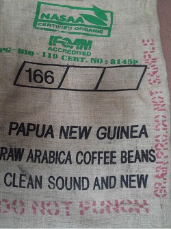 Papua New Guinea NASAA certified organic coffee sack at Beantiful roasting facility