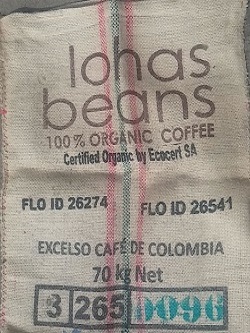 Lohas Beans — organic Colombian coffee sack arriving at Beantiful roasting facility