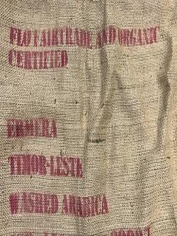 Timor-Leste Fairtrade certified coffee sack at Beantiful roasting facility