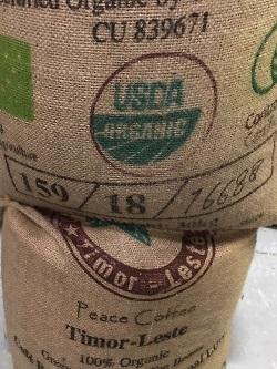 Timor-Leste USDA organic coffee sack at Beantiful roasting facility