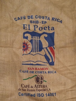 Costa Rica El Poeta coffee sack at Beantiful roasting facility