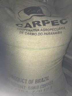 Brazil CARPEC origin coffee sack at Beantiful roasting facility