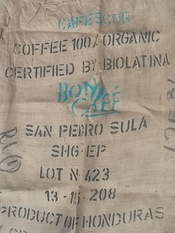 Coffee sack showing country of origin at Beantiful roasting facility