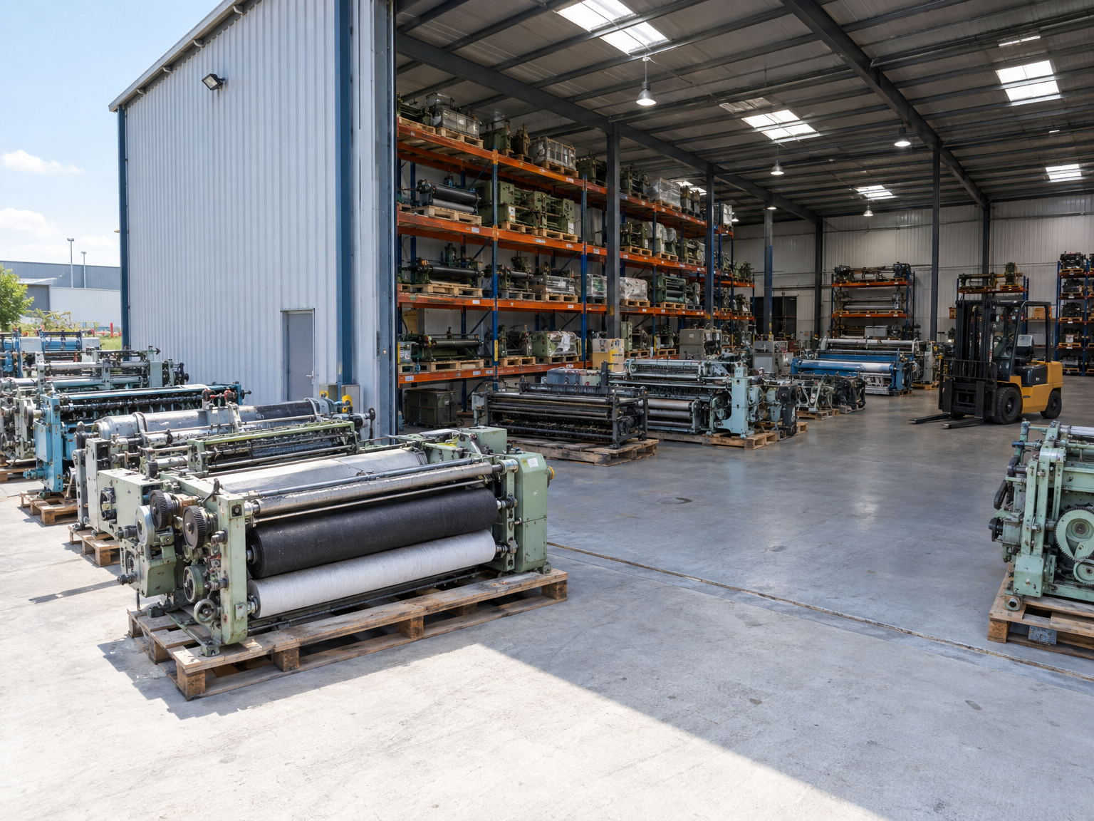 Warehouse with dismantled textile machinery on pallets