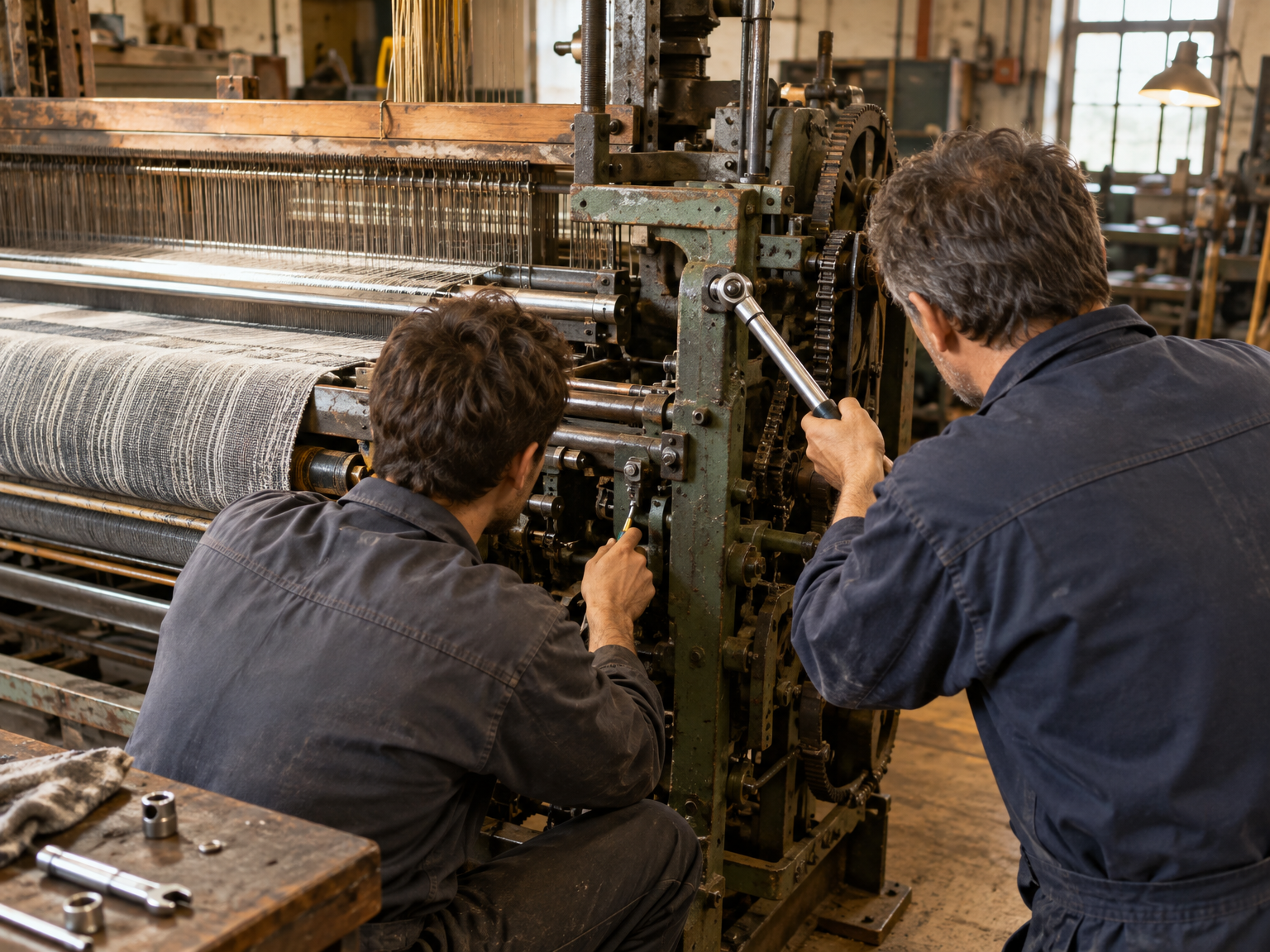 Technicians working on a textile loom