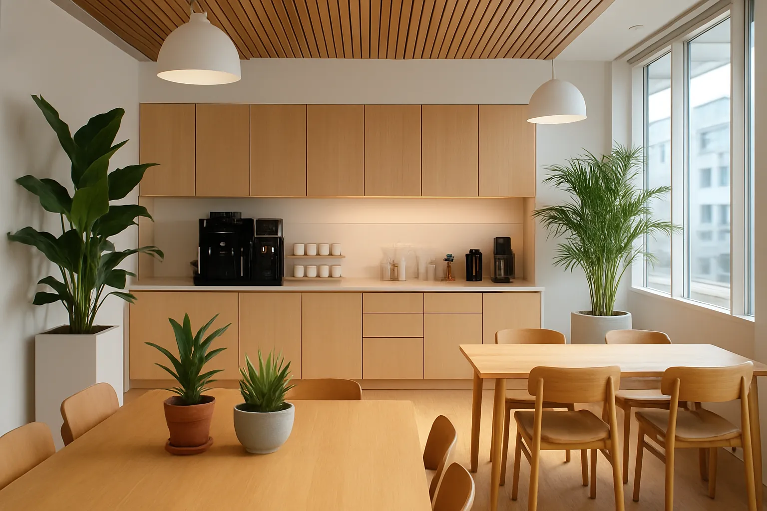 Wide interior of a bright modern office pantry with a coffee station, plants and warm wood, natural light, editorial photography, no text, no people