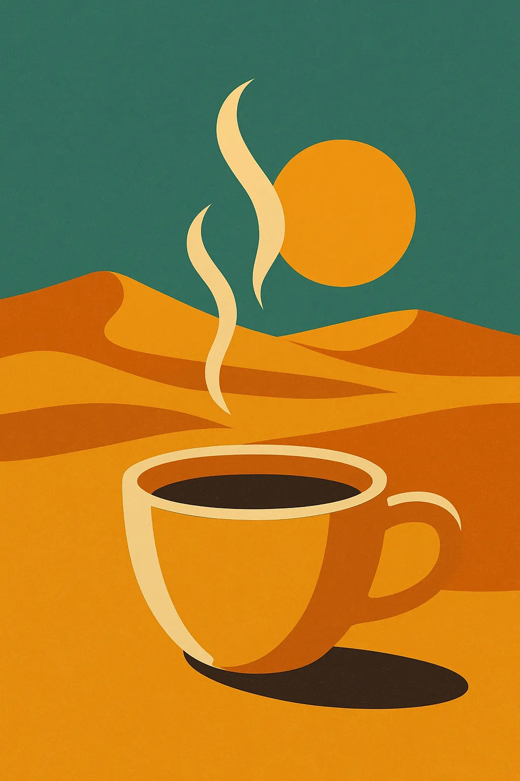 Minimal poster-style illustration of a steaming coffee cup with desert dunes and a rising sun in warm sand and teal tones, flat shapes, no text