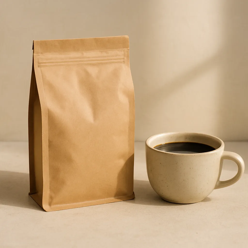 Product photo of a matte kraft coffee bag and a ceramic cup on a pale stone surface, soft morning light, minimal, no text, no people